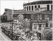 The Clark Street trolley drops off fans at Wrigley Field in 1935